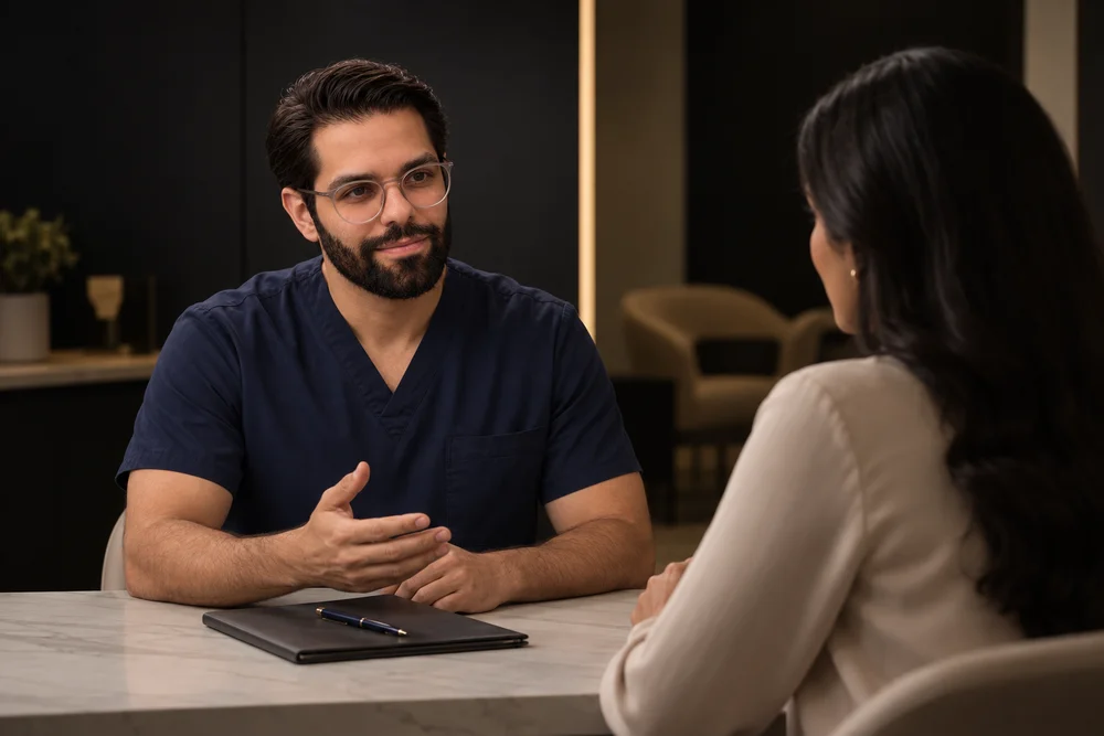 Dr. Bruno Matias durante uma conversa de avaliação no consultório