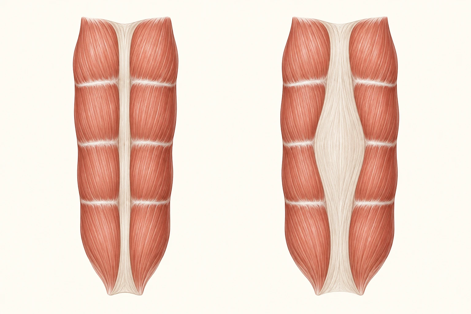 Comparação esquemática dos músculos retos do abdômen: à esquerda, os dois músculos rosados são unidos por uma faixa clara estreita; à direita, a linha alba está mais larga, afastando os músculos, mas o tecido permanece contínuo.