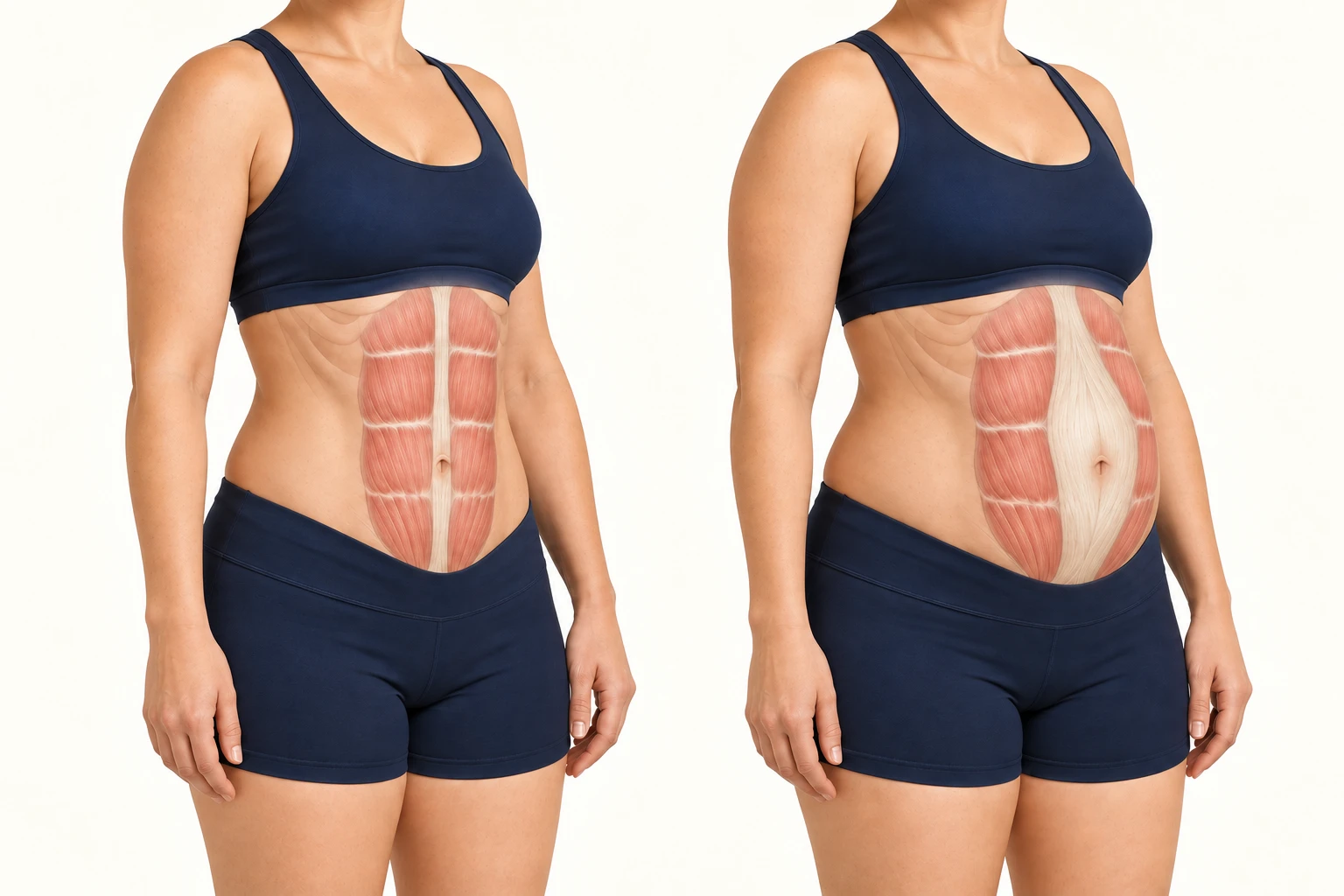 Comparação de dois torsos femininos sintéticos no mesmo ângulo oblíquo, com sobreposição dos músculos abdominais. À esquerda, linha alba estreita e abdômen menos projetado. À direita, linha alba alargada e maior projeção anterior do abdômen, ilustrando um possível abaulamento associado à diástase.